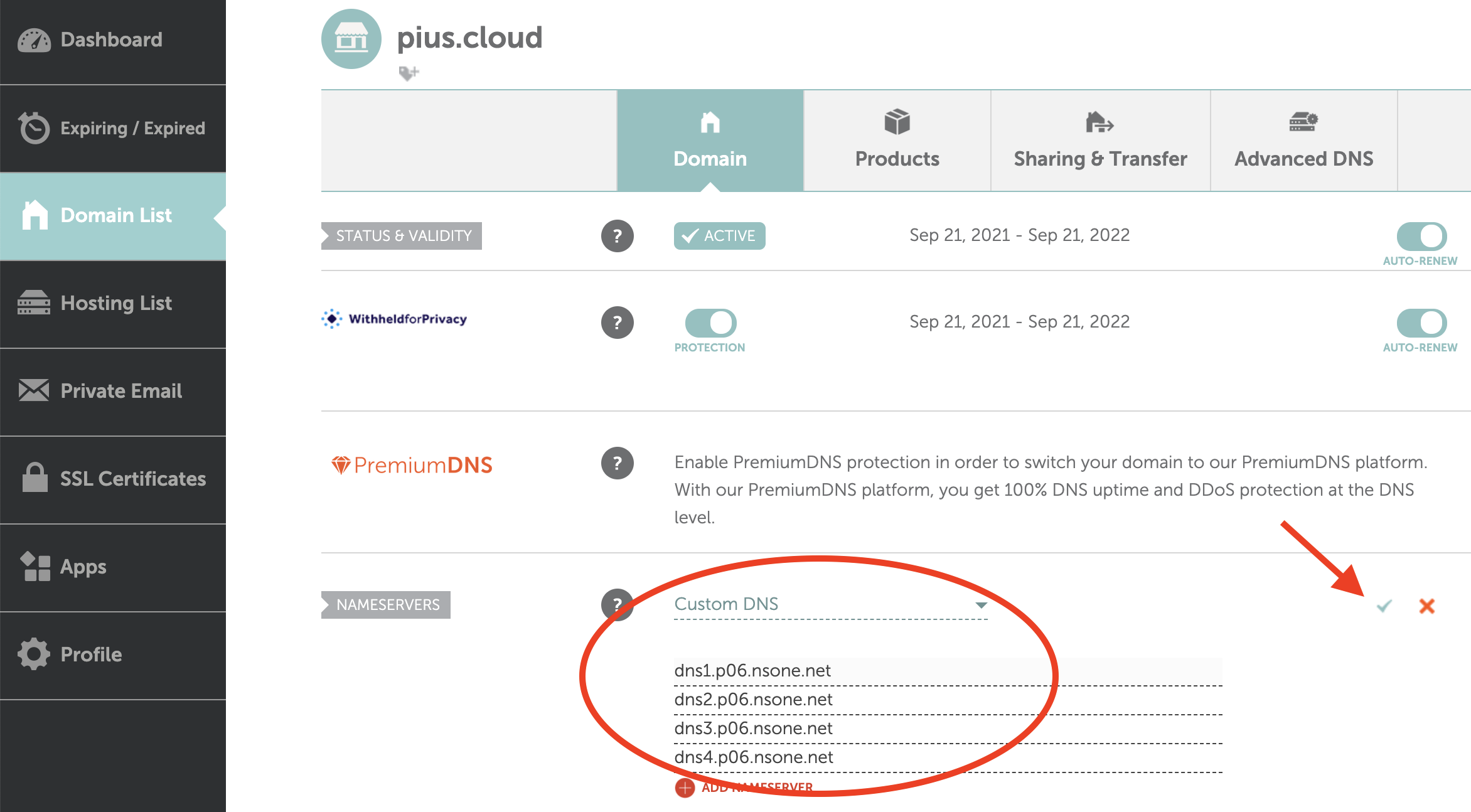 Add Netlify’s nameservers as Custom DNS for your Domain with your registrar. If using Namecheap, remember to click the green tick!